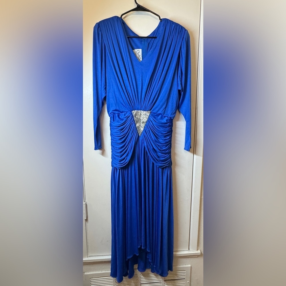 Vintage Claralura Beaded Triangle Blue Long Sleeve Maxi Ruched Cocktail Dress S